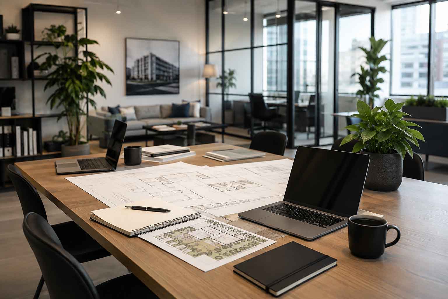 Espace de travail d’une agence immobilière avec des plans et des documents